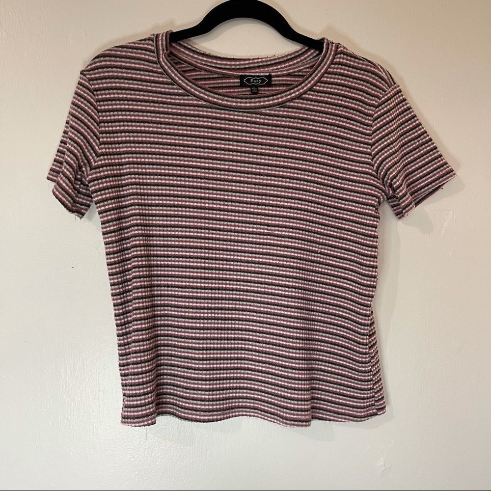 Fury White, Pink, Gray & Black Stripe Cropped Textured Tee